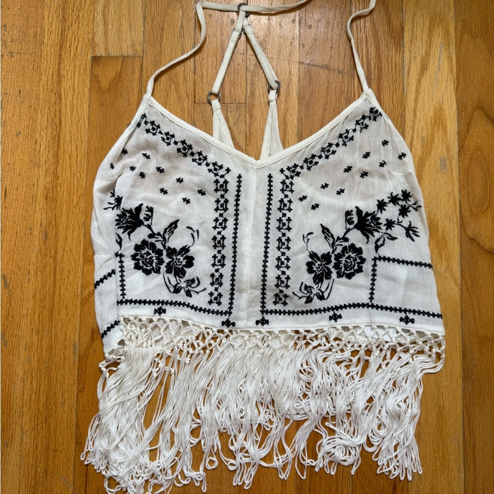 Hollister Embroidered Fringe Crop Top - Navy & White